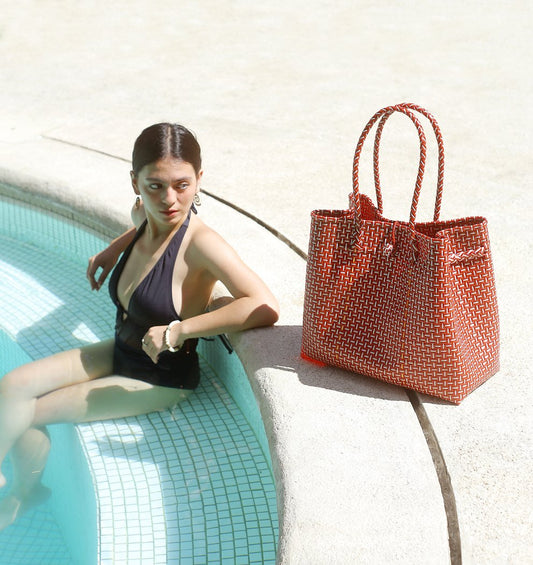 TOKO Recycled Woven Tote Bag, in Red & White