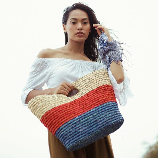 Sayan Raffia Tote Bag, in Red & Blue