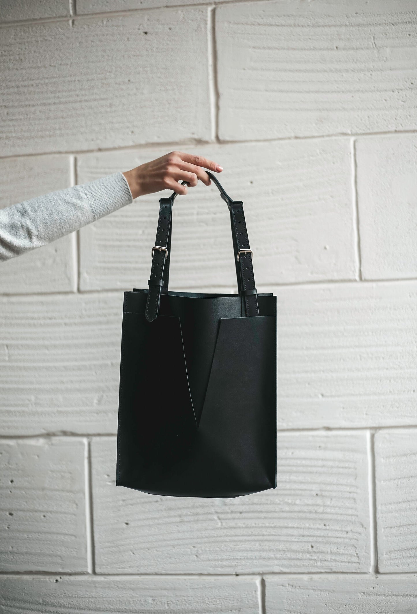 Soft Black Leather Zipped Tote Bag